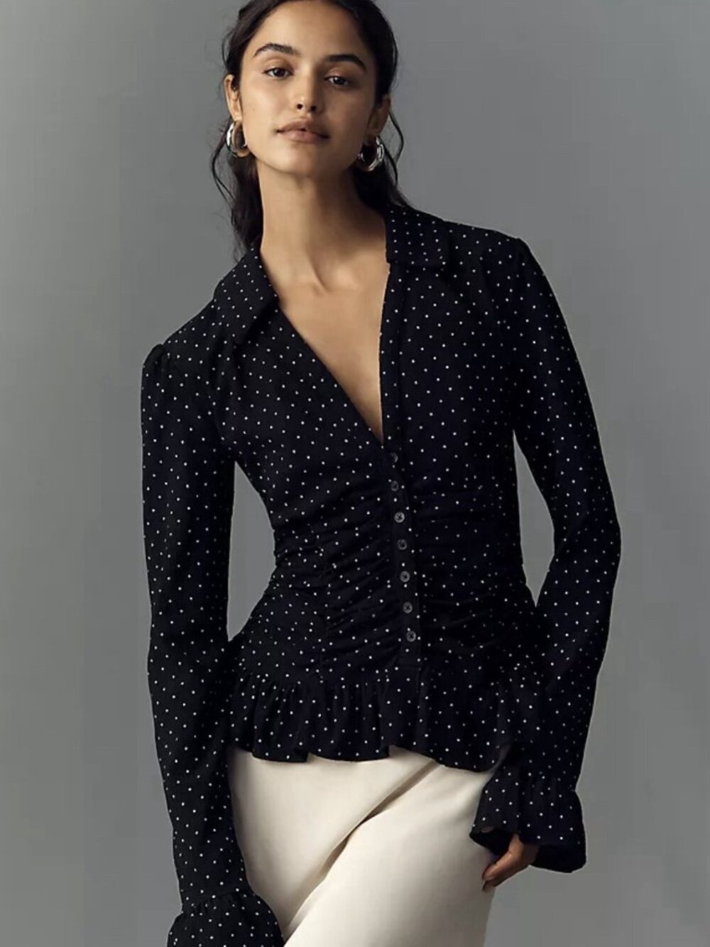 Maeve Blouse Smocked Black Polka Dot Ruched Button Front Ruffle Cuff Crepe Top L
